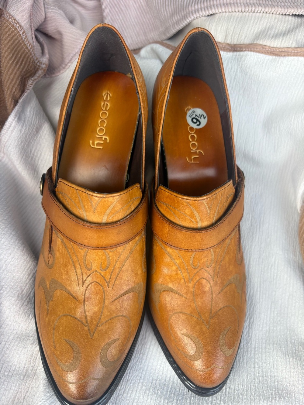 New Socofy Boho Western Tooled Leather Block Heels Tan Size 9.5